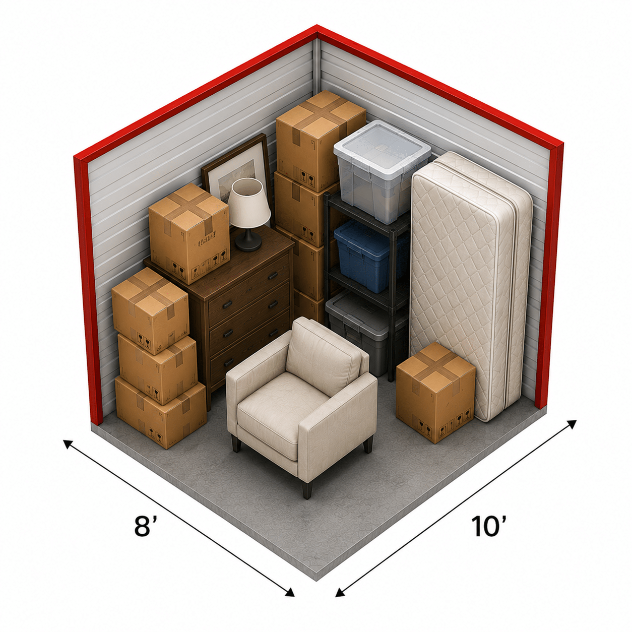 Illustration of an 8' by 10' storage unit holding boxes, a dresser, an armchair, shelving, and a mattress