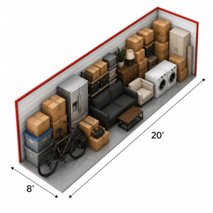 Illustration of an 8' by 20' storage unit holding a sofa, refrigerator, washer and dryer, bicycle, and boxes